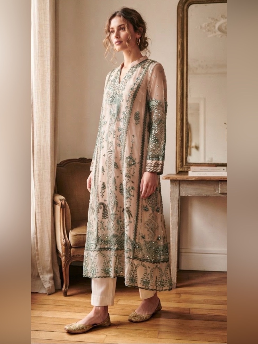 Custom Pakistani Sage Green & Blush Embroidered Long Dress Set | Size S |